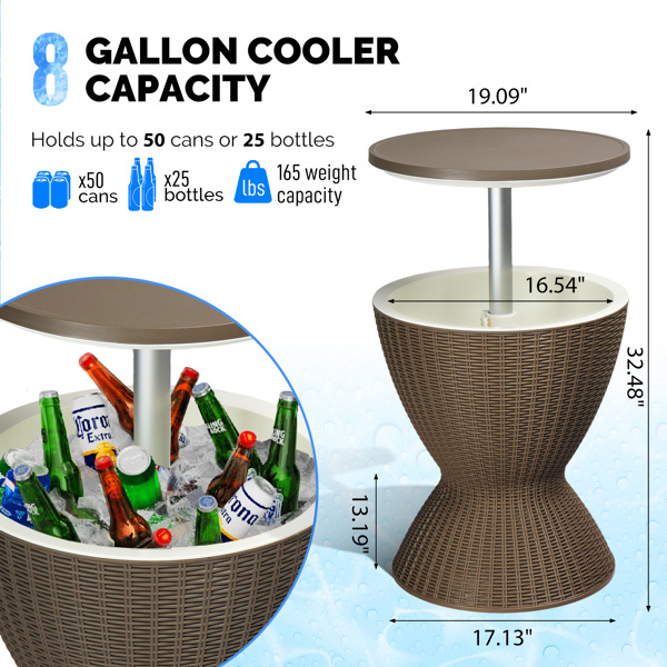 Outdoor Cooler Table, Height-Adjustable Outdoor Cool Bar w/ 8 Gallon Beer and Wine Cooler, All-Weather Resistant Patio Cooler Ice Cool Bar for Deck Pool Party (Coffee)