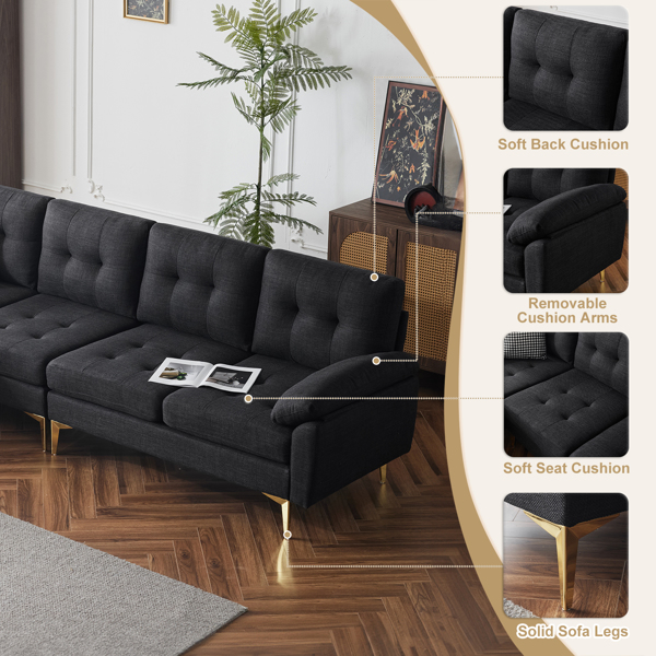 L-Shaped Sectional Sofa Couch for Living Room, Modern 4-Seater Tufted Linen Lounge Sleeper with Chaise, Black