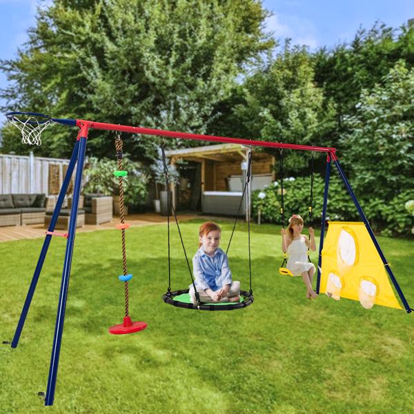 XNS093 rinbow colour interesting three swingset with Textilene swing and Tree Swing Disc metal plastic safe swing seat 550lbs for outdoor playground for age 3+