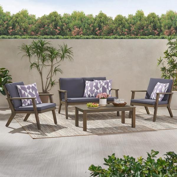 Temecula Outdoor Acacia Wood 4-Seater Chat Set_Loveseat&Coffee Table&2 Club Chairs - Gray Finish + Dark Gray Cushion