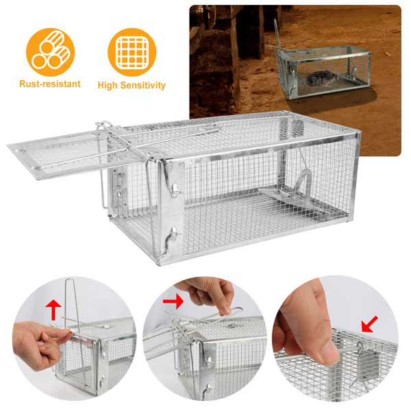 Rat Trap Cage Humane Live Rodent Trap Cage Galvanized Iron Mice Mouse Control Bait Catch with Detachable U Shaped Rod