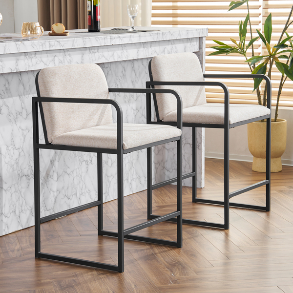 Set of 2,Modern Upholstered Counter Height Bar Stool with Armrests, Metal Frame and Padded Seat, Comfortable Dining Chair for Kitchen Island, Home Bar or Restaurant - Beige