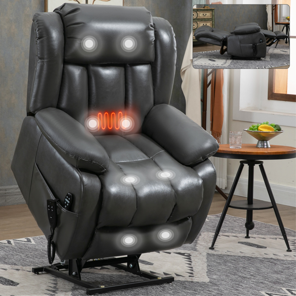 Dual Motor Infinite Position Up to 350 LBS Electric Medium size Leatheraire Grey Power Lift Recliner Chair with 8-Point Vibration Massage and Lumbar Heating