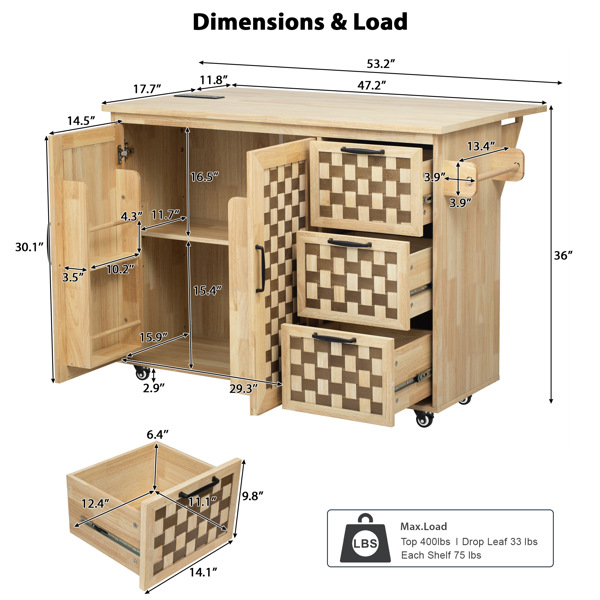 53.2"W 3D Woven Checkerboard Pattern Design Kitchen Island with Drop Leaf, Rolling Kitchen Island on Wheels with Internal Storage Rack, Power Outlet, Kitchen Cart with 3 Drawers 2 Cabinets, Nature