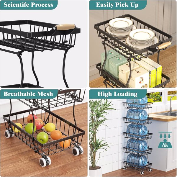 厨房用 5层细长水果篮，可堆叠的金属丝水果蔬菜储物篮 带轮子的收纳架，金属农产品篮 土豆洋葱储物箱 储藏室用架子，黑色（禁售temu，周末不发货）-6