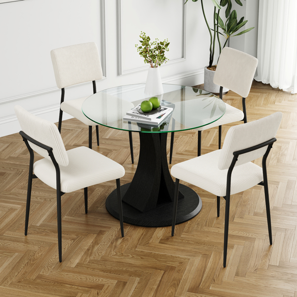 Modern simple table with a glass round table and four chairs. Transparent tempered glass countertop, black wood grain spray legs, suitable for kitchen living room dining room (set of 5)