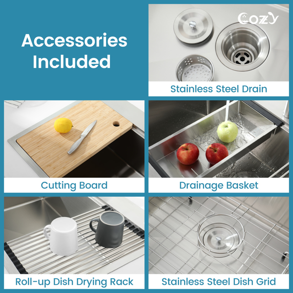 不锈钢厨房水槽，30“x22”单碗，带切菜板、滤锅、格栅的拉丝超装手工水槽【周末不发货，TK/TEMU订单仅支持自提】-11