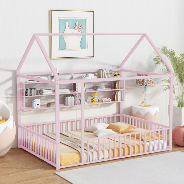 Full Size Metal Bed House Bed Frame with Fence and Shelves, Pink