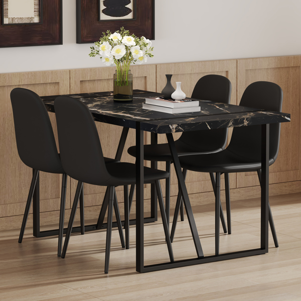 Table and chair set.Modern Black Marble Pattern MDF Dining Set - 55"x31.4" with 4 Cat Claw PU Chairs.Modern Mid-Century Style Upholstered Side Chairs,Spoon Shaped Chairs.Four Chairs per Box.