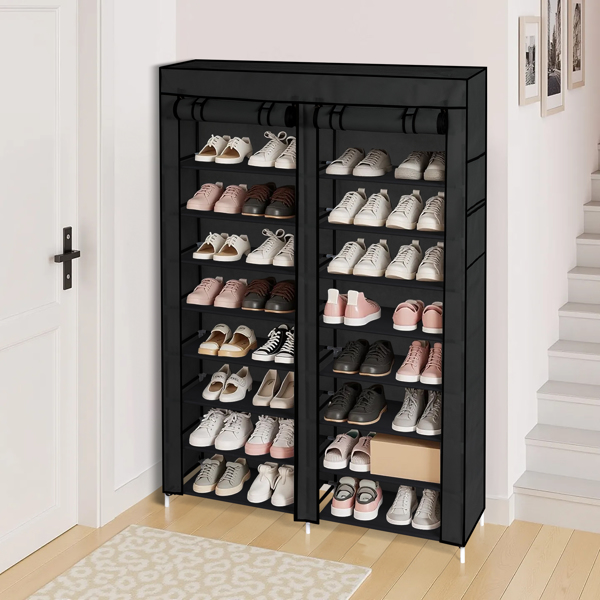 FCH Double Row 10-Tier Non-Woven Fabric Shoe Cabinet with Iron Pipes and Plastic Components, Black