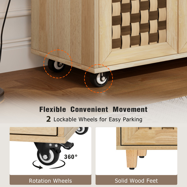 53.2"W 3D Woven Checkerboard Pattern Design Kitchen Island with Drop Leaf, Rolling Kitchen Island on Wheels with Internal Storage Rack, Power Outlet, Kitchen Cart with 3 Drawers 2 Cabinets, Nature