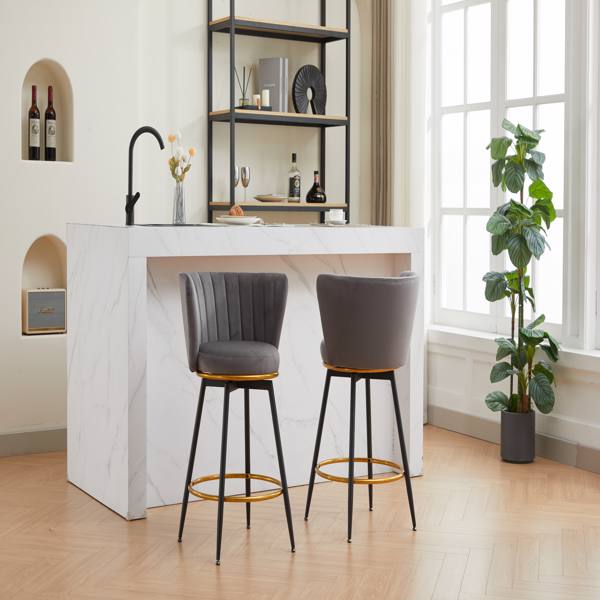 Counter Height Bar Stools Set of 2, 360° Swivel Upholstered Barstools with Backs and Metal Legs, 26" H Seat Height, Velvet Fabric,Goldy Footrest