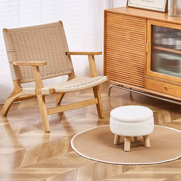 Storage Ottoman, Modern Round Footrest with Soft Padded Seat, Teddy Velvet Footstool with Wood Legs, Accent Small Table or Plant Stand for Hallway, Living Room (Cream)