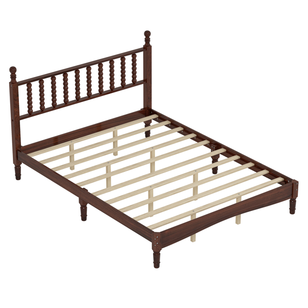 Queen Size Wood Platform Bed with Gourd Shaped Headboard,Retro Style Platform Bed with Wooden Slat Support,Walnut