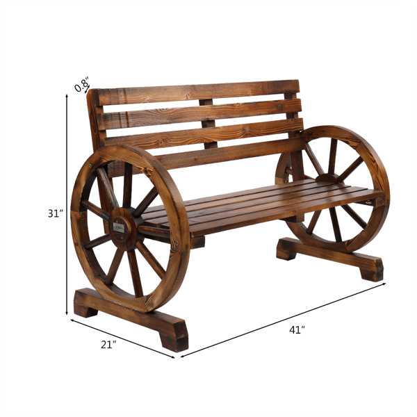 【Replace 28138436】Rustic 2-Person Wooden Wagon Wheel Bench with Slatted Seat and Backrest, Brown