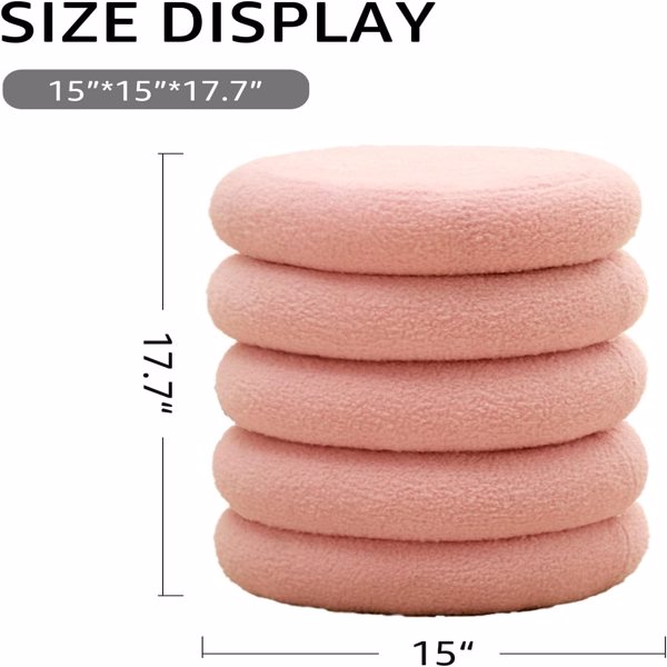 Round Storage Ottoman, Modern Sherpa Footstool, Teddy Vanity Stool with Flip-Top Tray, Makeup Chair for Home Decor, Upholstered Footrest for Living Room & Bedroom (Pink)