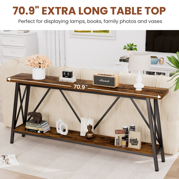 70.9 Inch Extra Long Sofa Table, Console Behind Sofa, Entryway Table with 2 Tier Storage Shelves for Hallways,Living Rooms,Foyers,Entryways,Banquet Rooms,Rustic Brown and Black, 70.9″L x 11.8"W x 32"H