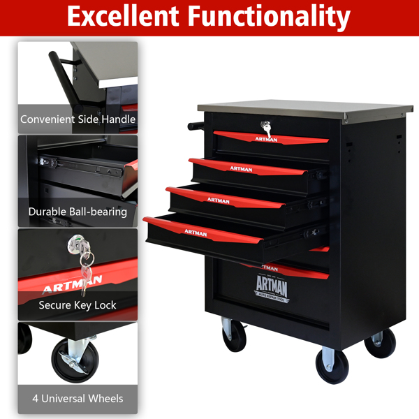 6 Drawers Multifunctional Tool Cart with Wheels,Metal Rolling Tool Cart Storage for Garage Workshop Warehouse Repair Shop--With Stainless Steel Roof- BLACK&RED