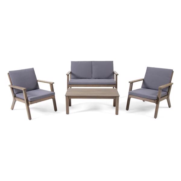 Temecula Outdoor Acacia Wood 4-Seater Chat Set_Loveseat&Coffee Table&2 Club Chairs - Gray Finish + Dark Gray Cushion