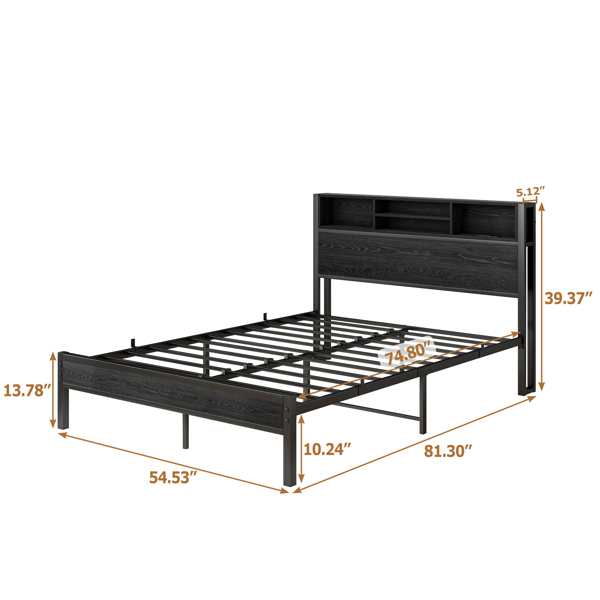 Full Size Bed Frame with Storage Headboard, Metal Platform Bed with Charging Station,  Bookcase Storage, No Box Spring Needed, Easy Assembly, Noise-Free, Black