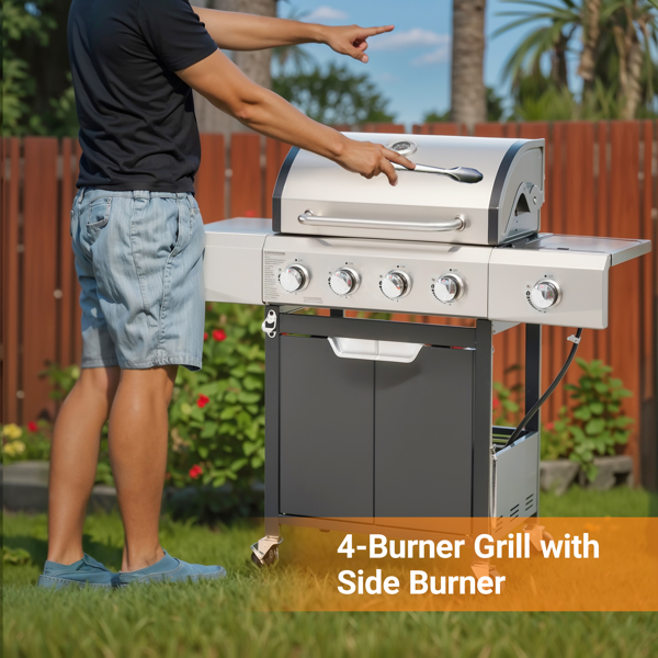 Propane Grill 4 Burner Barbecue Grill Stainless Steel Gas Grill with Side Burner for Outdoor BBQ, Camping