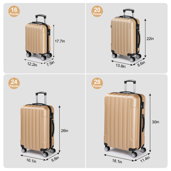 FCH Four-Piece Set Vertical Stripe ABS Luggage 16in, 20in, 24in, 28in with ABS Material and Steel Telescopic Handle in Trendy Champagne Gold