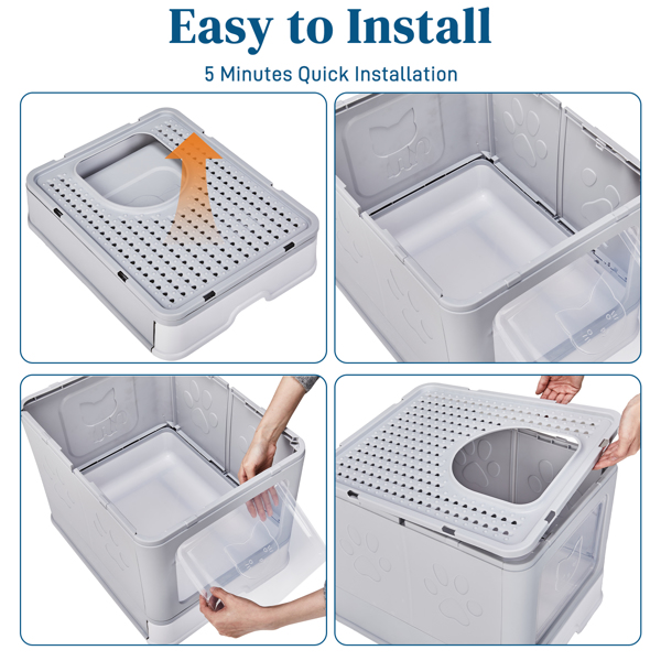 Large Enclosed Cat Litter Box with Lid Cover, Detachable Cat Toilet with Litter Scoop & Slide Out Tray, Front Entry Top Exit Door, Easy to Clean, Gray