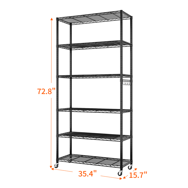 FCH six-layer segmented with 2'' rubber wheels M8 adjustable feet 1 side cone hook Freely adjustable layer spacing display stand iron 90*40*185cm black