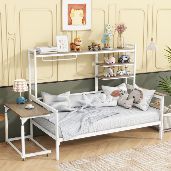 Twin size Metal Daybed with Movable Desk, Metal Grid, Shelves and Clothes Hanger, White