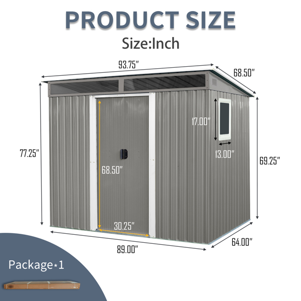 8 ft x 6 ft Outdoor Metal Storage Shed with Window,Transparent plate and lockable sliding door for Garden, Lawn (Gray)