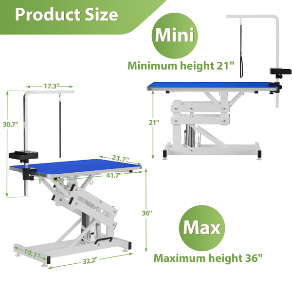 "Heavy-Duty Hydraulic Dog Grooming Table with Anti-Static Top, Adjustable Z-Lift (21"-36"), Armrests, Leash Covers, Tool Organizers, Hooks, & 330LB Capacity - Blue"