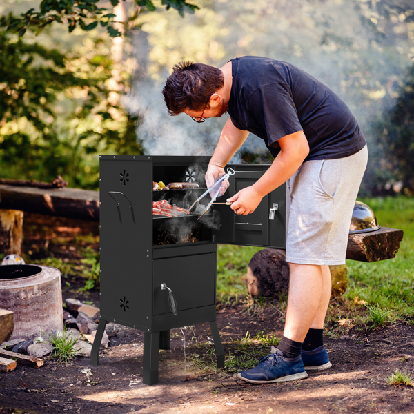 Outdoor Smoker with Double Doors, 2 Detachable Grill Netting Smoking Racks, Charcoal Pan & Water Pan, 4 Air Vents, Thermometer, Vertical Charcoal Smoker for Barbecue Camping Backyard Grill