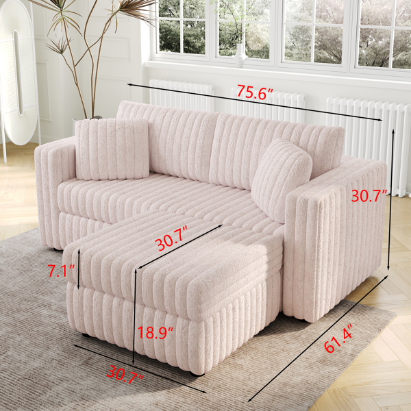 75.6"Soft  Modular 2-person Sofa with Hydraulic Lift. Highly Comfortable & Stylish. Matches 30.7" Ottoman. Ideal for Bedroom & Living Room. Light Pink