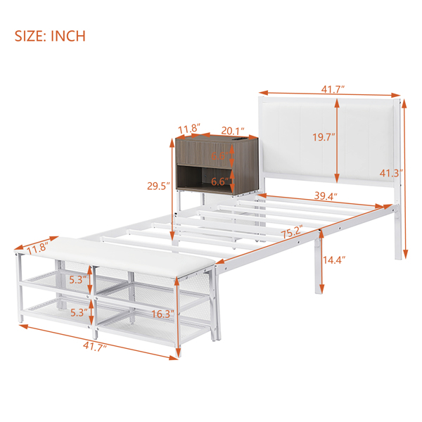 Twin size Metal Platform Bed with Two-Tier Storage Shelves, Wooden Storage Cabinet, White