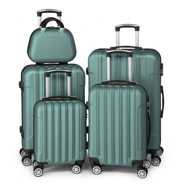 Product Name: FCH Vertical Stripe Five-Piece Set ABS Luggage 16in, 20in, 24in, 28in + 12in Handbag with ABS Material and Steel Telescopic Handle in Trendy Turquoise