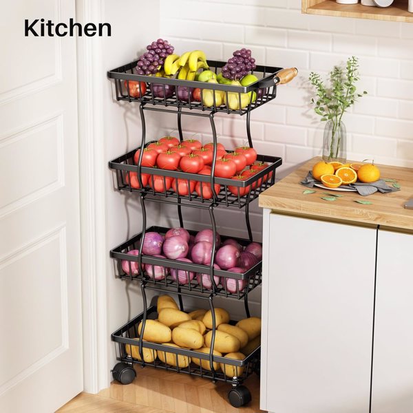 Kitchen with 4 layers of slender fruit baskets, stackable metal wire fruit and vegetable storage baskets with wheeled storage racks, metal agricultural product baskets, black