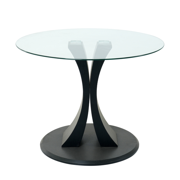 Modern simple table with a glass round table and four chairs. Transparent tempered glass countertop, black wood grain spray legs, suitable for kitchen living room dining room (set of 5)