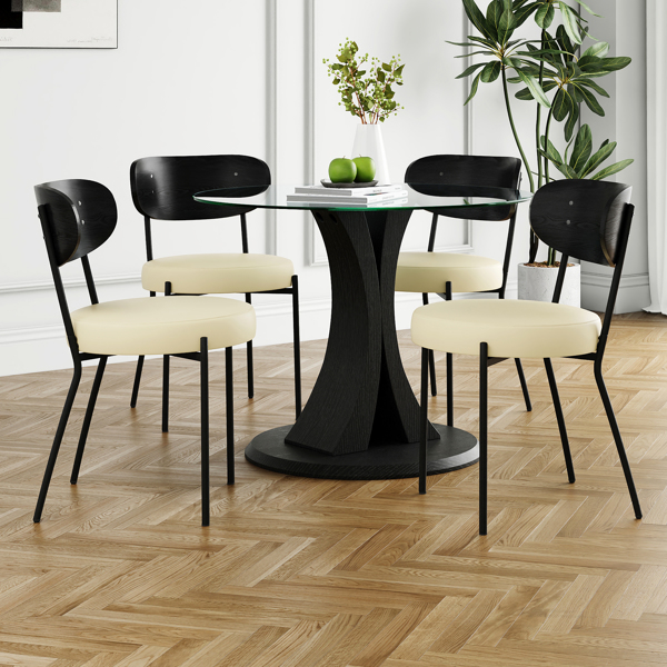 Modern simple table with a glass round table and four chairs. Transparent tempered glass countertop, black wood grain spray legs, suitable for kitchen living room dining room (set of 5)