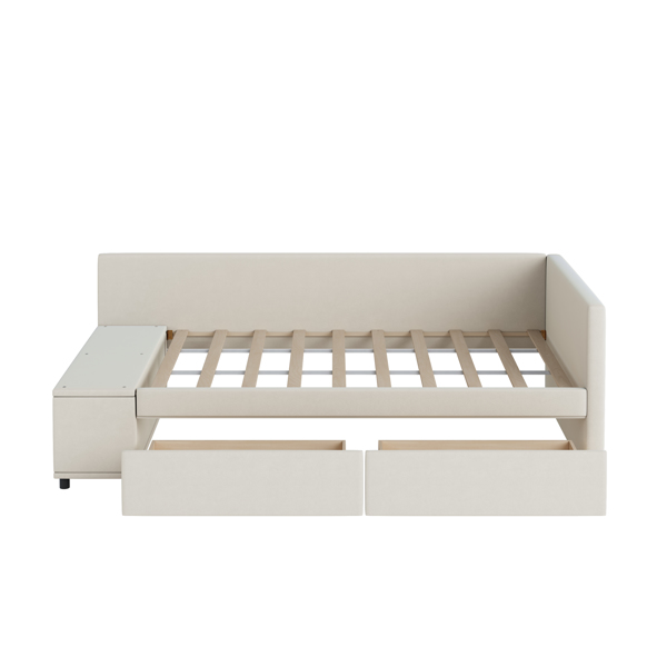 Twin size L-Shaped Upholstered Platform Bed with Storage and Drawers, Beige