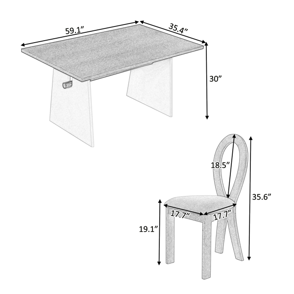 Modern 7-Piece Dining Table Set with Trestle Dining Table and 6 Upholstered Dining Chairs, Compact Kitchen Table Set for 6, Grey