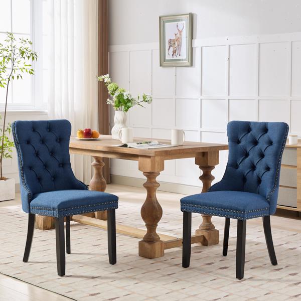 Modern, High-end Tufted Solid Wood Contemporary Flax Upholstered Linen Dining Chair with Wood Legs Nailhead Trim 2-Pcs Set,Blue Linen, SW6801BL