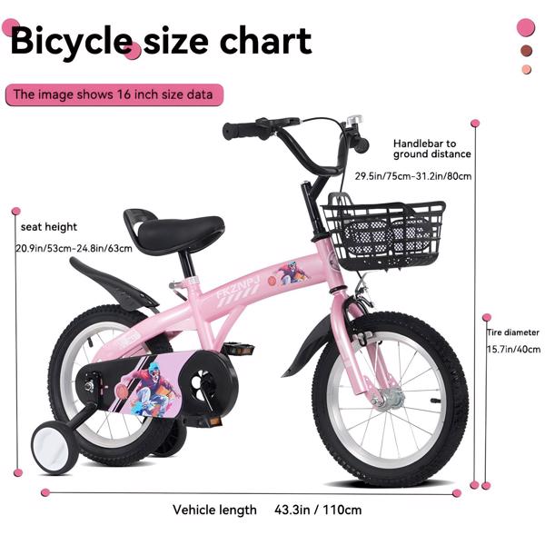 FKZNPJ 16 inch sporty kids bike with training wheels and stand Adjustable saddle Suitable for boys and girls aged 4-8 years tall Height 41-53 inches Available in a variety of colors