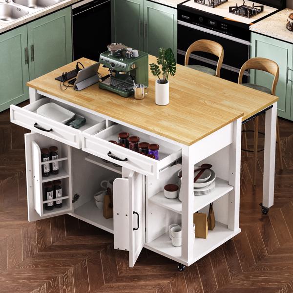 47 inch Kitchen Island with Extendable Dining Table, Rubber Wood Veneer Kitchen Table with Internal Storage Rack, Power Outlet, Kitchen island with Storage 2 Drawers 2 Cabinet,White