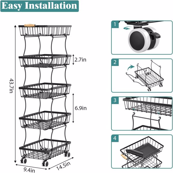 厨房用 5层细长水果篮，可堆叠的金属丝水果蔬菜储物篮 带轮子的收纳架，金属农产品篮 土豆洋葱储物箱 储藏室用架子，黑色（禁售temu，周末不发货）-2