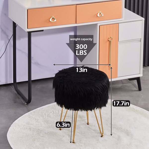 Faux Fur Storage Ottoman Round Furry Vanity Stool Marble Grain Tray Coffee Table Compact Footrest Stool with 4 Metal Legs Soft Makeup Seat Foot Stools for Living Room Bedroom Entryway Black