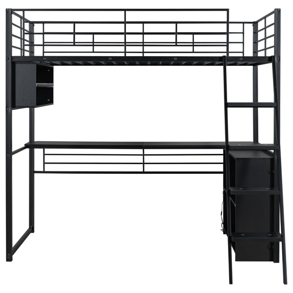 Twin Size Metal Loft Bed with LED, Desk and 4 Storage Shelves, Black