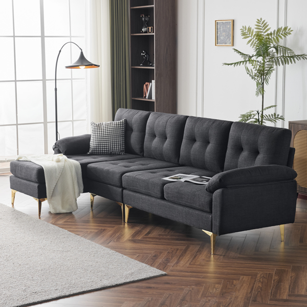 L-Shaped Sectional Sofa Couch for Living Room, Modern 4-Seater Tufted Linen Lounge Sleeper with Chaise, Black