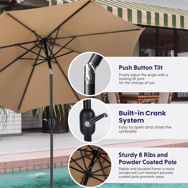 9FT Outdoor Patio Umbrella with 8 Ribs, Table Umbrellas with Push Button Tilt/Crank, UV Protection Waterproof for Garden Deck Backyard Pool, Khaki