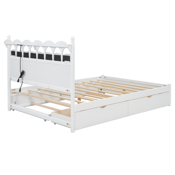 Queen Size Wooden Storage Platform Bed, with 2 Big Drawers, Twin-XL Size Trundle, White