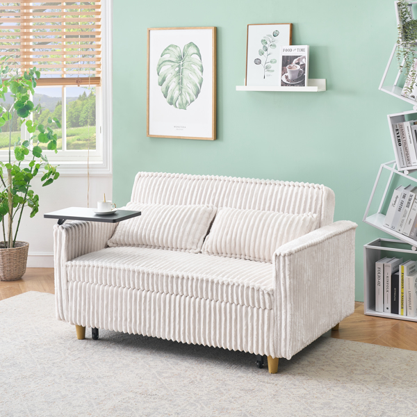 The pull-out and push-in beige corduroy sofa with dual functions, equipped with a movable tabletop and USB ports, is suitable for use in living rooms and bedrooms.